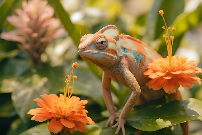 Camaleão com olhos se movendo em direções diferentes. Cena divertida e colorida, mostrando visão em 360 graus e ambiente tropical.