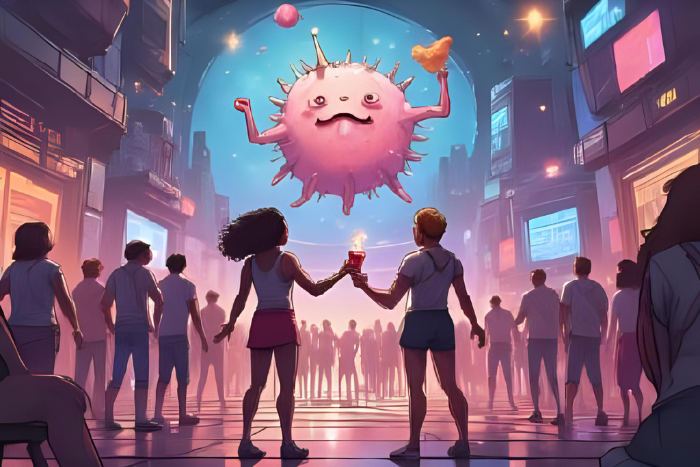 Arte conceitual em estilo anime de hormônios representados como personagens dançando ou celebrando dentro do corpo humano, cores vibrantes e ambiente festivo.