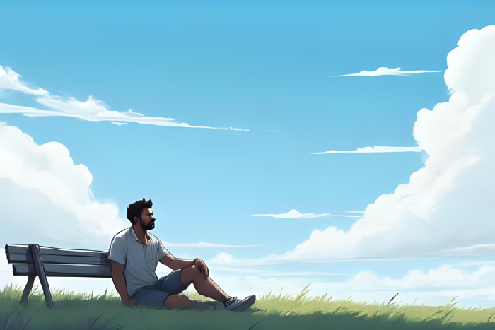 Céu azul com nuvens suaves se movendo. Ao fundo, uma pessoa observando o céu deitada na grama ou sentada em um banco, em postura tranquila e contemplativa.