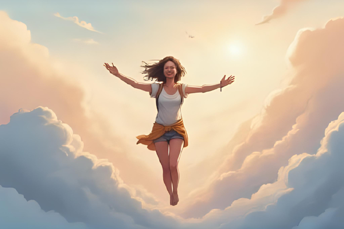 o Pessoa leve e sorridente, flutuando ou caminhando sobre nuvens, com uma aura de paz e liberdade. Cores vibrantes e suaves, transmitindo bem-estar.