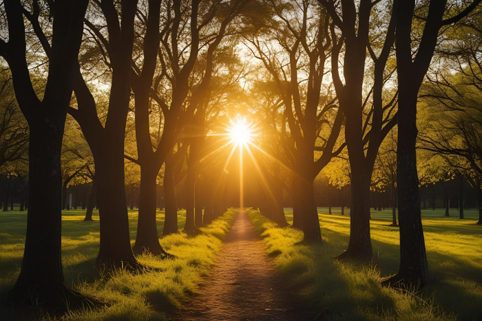 Caminho entre árvores iluminado pelo sol da manhã de domingo, simbolizando novos começos e esperança.