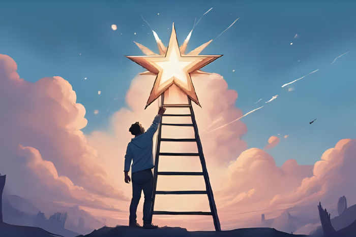Uma imagem de uma pessoa alcançando uma estrela no topo de uma escada, simbolizando o sucesso e a superação na busca por inclusão no mercado de trabalho.
