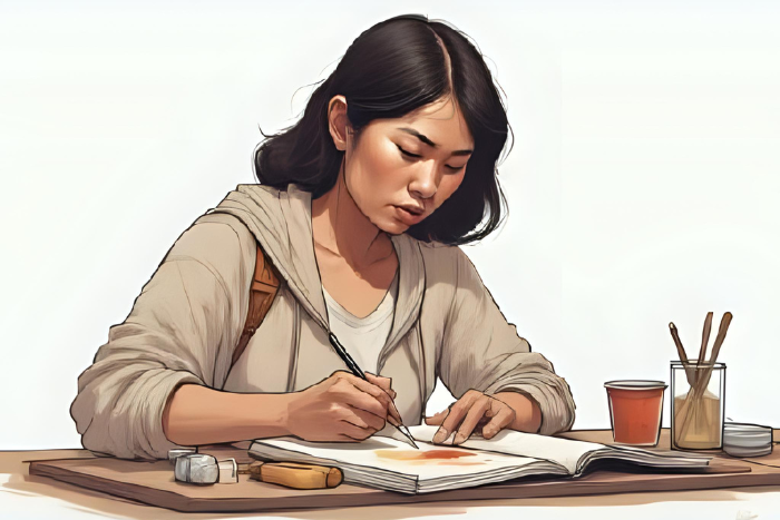 Pessoa com expressão concentrada, envolvida em uma atividade manual como pintar, ler ou cozinhar. O fundo é limpo, com poucos elementos para reforçar o foco.