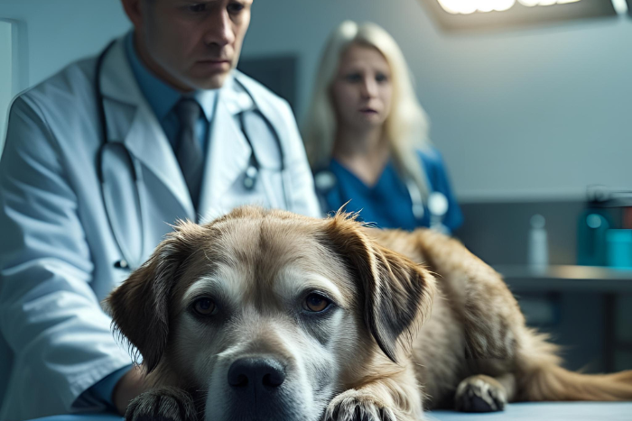 Imagem de cachorro doente no veterinário. 