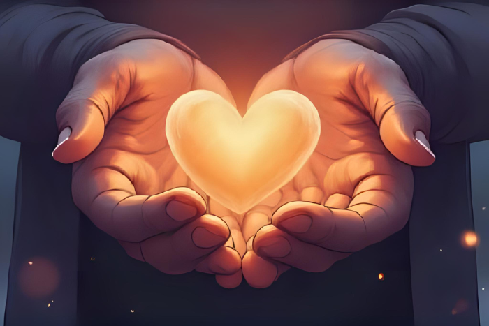 o Mãos abraçando um coração brilhante, com uma luz suave emanando. Simboliza o autocuidado, o amor próprio e a proteção da paz interior. Cores quentes e acolhedoras.