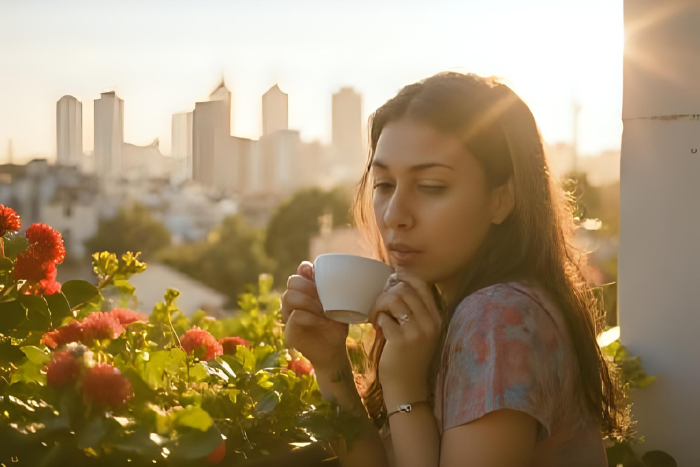 Pessoa tomando café na varanda, expressão relaxada, pausa no meio do expediente de trabalho remoto.