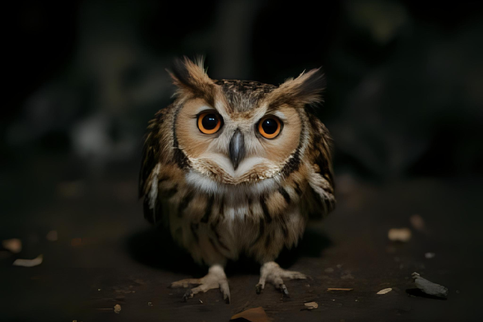 Coruja girando a cabeça, com olhos grandes e expressivos em ambiente noturno. Destaque para sua percepção aguçada e visual misterioso.