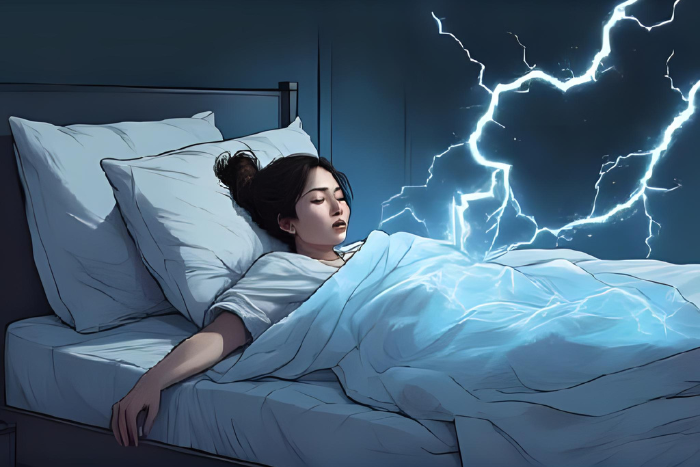 Ilustração estilo anime com corpo em cama sendo puxado por energia elétrica suave, expressão de susto, fundo escuro com movimento visual em linhas.