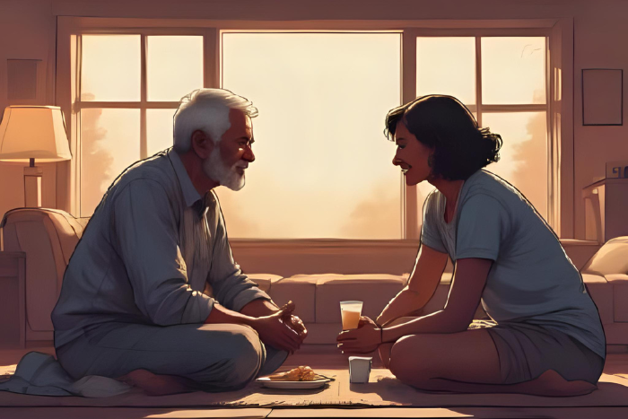 Duas pessoas conversando em um ambiente acolhedor, como uma sala com luz suave. Uma delas parece ouvir com atenção, transmitindo empatia e abertura.