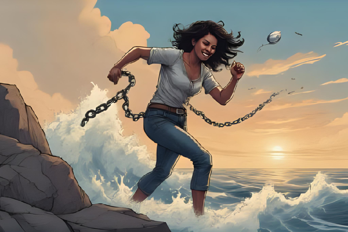 Uma imagem de uma pessoa quebrando correntes e avançando, representando a transformação e a oportunidade de mudança real para pessoas com transtornos mentais no mercado de trabalho.
