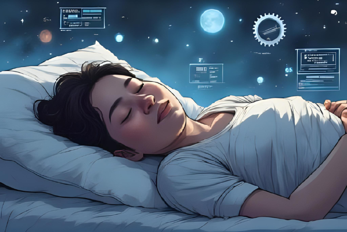 Arte conceitual em estilo anime com personagem dormindo e fórmulas, engrenagens e luzes flutuando em volta da cabeça, atmosfera de inteligência intuitiva.