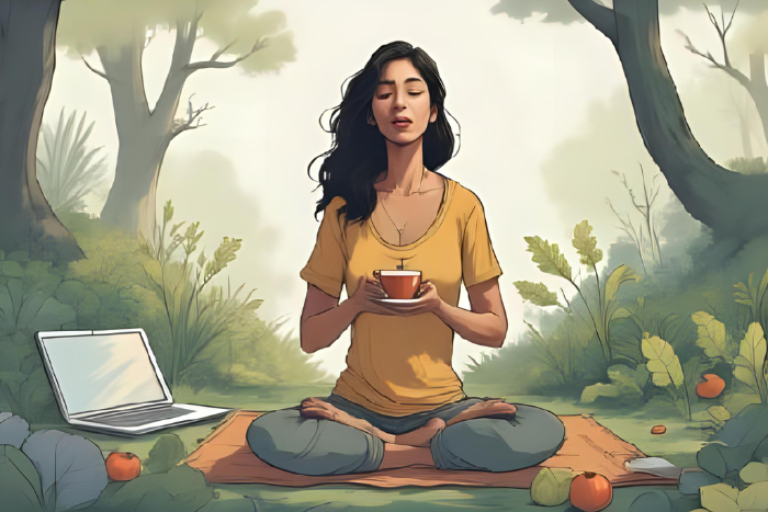 Arte inspiradora mostrando uma balança equilibrada com trabalho de um lado e coração/autocuidado do outro, personagem sorrindo com serenidade.