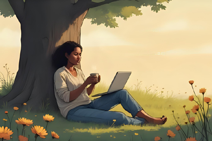 Personagem fazendo pausa com chá na mão, natureza ao redor, notebook fechado, clima de autocuidado e descanso consciente.