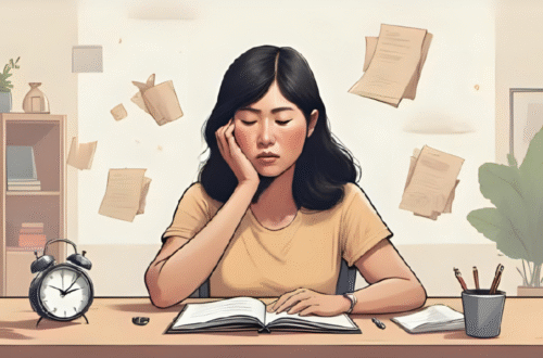 Pessoa sentada com expressão pensativa, olhando para uma tela ou caderno, com a cabeça apoiada na mão. Ao redor, símbolos suaves como relógio, papel amassado ou nuvens — transmitindo leveza, reflexão e autocompaixão. Iluminação suave, ambiente de home office ou quarto tranquilo. Imagem do artigo “Procrastinação Não É Preguiça: Entenda o Medo e Pratique a Gentileza”
