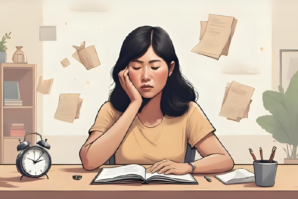 Pessoa sentada com expressão pensativa, olhando para uma tela ou caderno, com a cabeça apoiada na mão. Ao redor, símbolos suaves como relógio, papel amassado ou nuvens — transmitindo leveza, reflexão e autocompaixão. Iluminação suave, ambiente de home office ou quarto tranquilo. Imagem do artigo “Procrastinação Não É Preguiça: Entenda o Medo e Pratique a Gentileza”