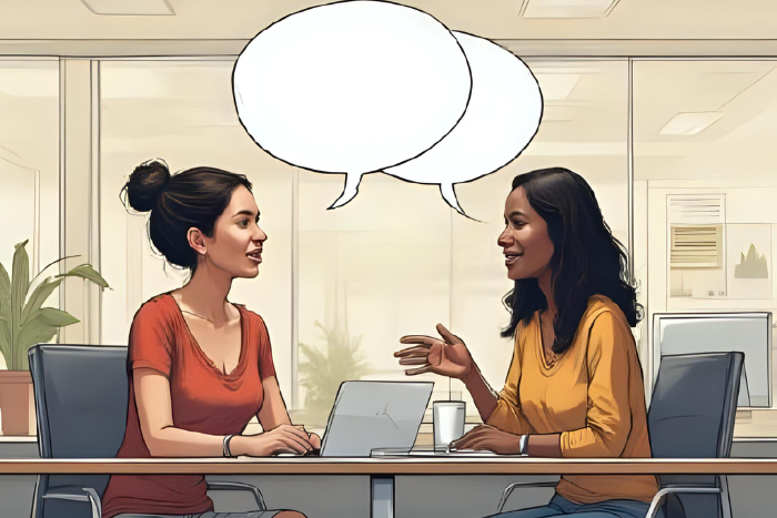 Uma imagem de duas pessoas conversando em uma sala de trabalho, com balões de fala representando uma comunicação clara e eficaz. Pode incluir elementos como gráficos ou computadores, indicando o ambiente profissional. O estilo deve ser dinâmico e engajador.