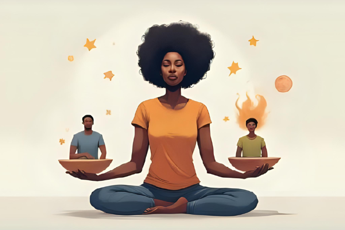 Uma ilustração de uma pessoa equilibrando diferentes emoções em uma balança, simbolizando o controle e a gestão das emoções no ambiente de trabalho. O fundo pode ser calmo e equilibrado, com cores suaves e harmônicas.