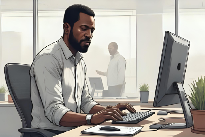Uma imagem de uma pessoa ajustando-se a um novo ambiente de trabalho, talvez trocando de mesa ou lidando com diferentes tecnologias. A imagem deve passar a ideia de flexibilidade e capacidade de adaptação rápida. O fundo pode ser dinâmico e moderno.