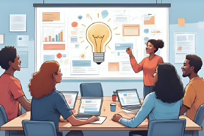 Uma imagem mostrando diversas pessoas trabalhando juntas, compartilhando ideias, com gráficos de progresso e brainstorms ao fundo. A cena deve ilustrar um ambiente colaborativo, com interações positivas e união.