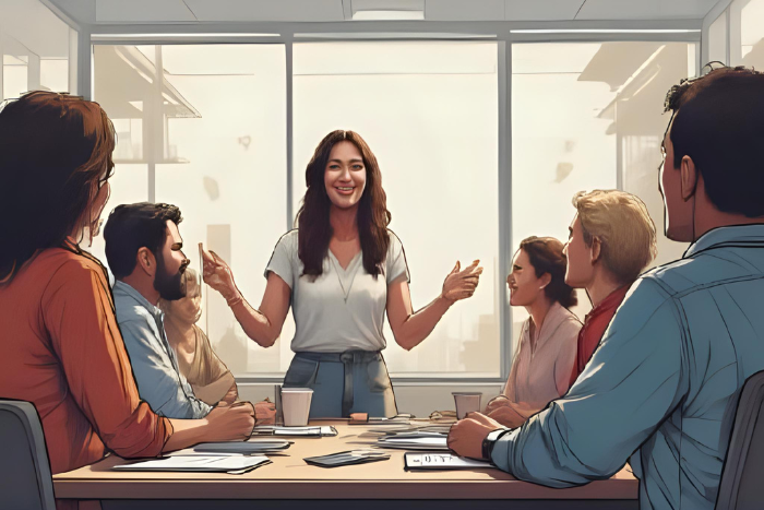 Uma imagem de uma pessoa liderando uma equipe de maneira positiva e inspiradora, sem necessariamente estar em uma posição de hierarquia. Pode ser uma reunião, onde todos estão colaborando de forma igualitária, com a pessoa liderando pelo exemplo.