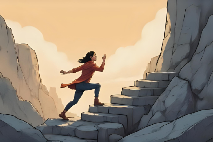 Uma ilustração de uma pessoa superando um obstáculo ou subindo uma escada íngreme, simbolizando resiliência e persistência. A imagem pode ter uma atmosfera positiva, de superação e motivação.