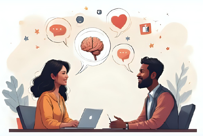 Uma ilustração de uma pessoa conversando com outra, com ícones de habilidades comportamentais (como cérebro, diálogo e coração) flutuando ao redor delas, simbolizando o entendimento e a importância das soft skills no ambiente profissional. O fundo pode ser limpo, com elementos sutis de escritório ou interação.