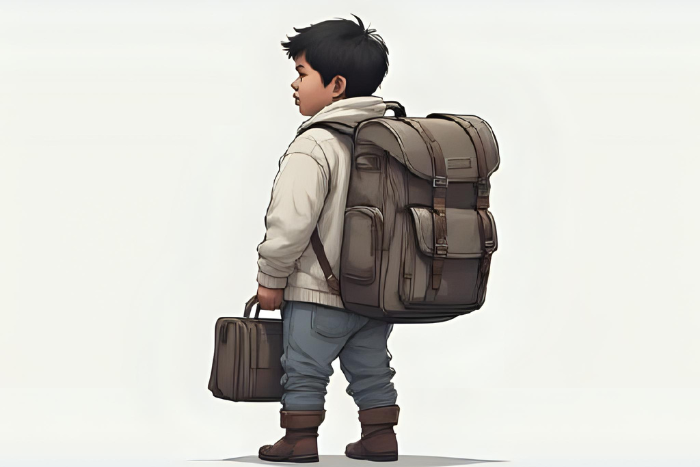 Criança vestindo roupas de adulto ou carregando mochilas/pastas grandes demais. A imagem deve transmitir a ideia de responsabilidade precoce e desequilíbrio entre idade e função.