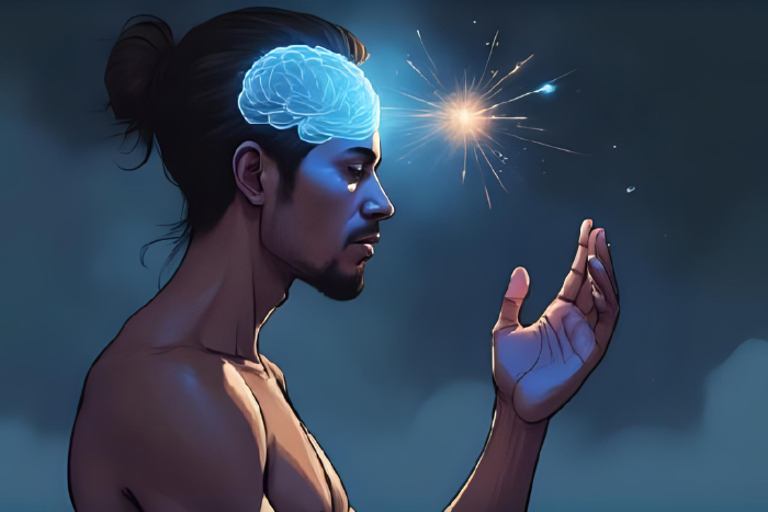 Uma imagem de uma pessoa refletindo sobre si mesma, com uma luz iluminando as partes de seu corpo que representam as soft skills, como cérebro e coração. O fundo deve ser introspectivo e motivacional.