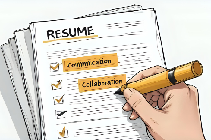 Uma imagem de um currículo sendo destacado por um marcador, com palavras-chave de soft skills em destaque, como "Liderança", "Comunicação" e "Colaboração". O fundo pode ser simples, com ênfase no conteúdo estratégico do currículo.