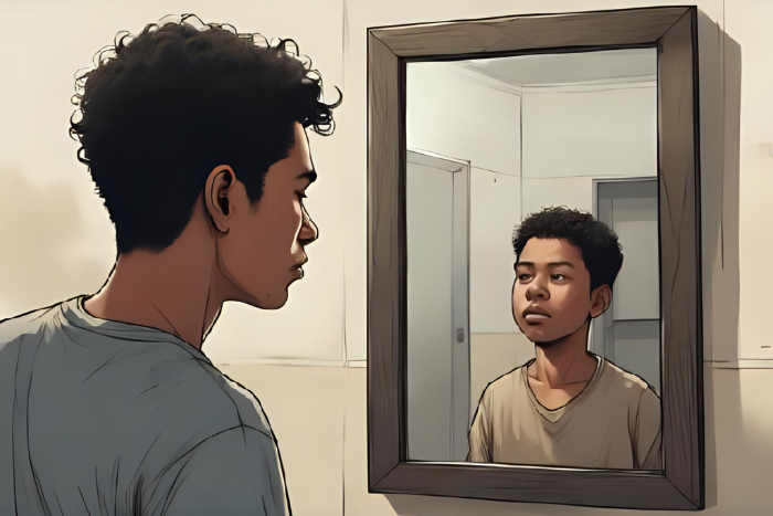 Pessoa em frente a um espelho, refletida como criança (ou vice-versa). A imagem representa o conflito interno entre a criança que precisou crescer cedo demais e o adulto que ainda carrega essas marcas.