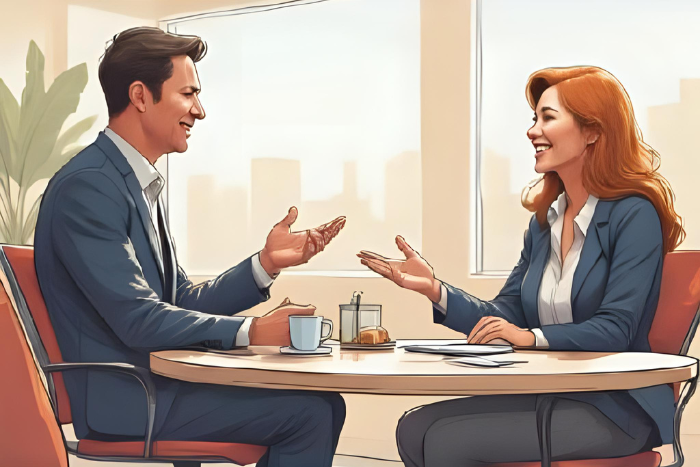 Uma imagem de uma entrevista de emprego, com o candidato demonstrando suas soft skills, como escuta ativa e empatia. O ambiente deve ser acolhedor e profissional, refletindo uma entrevista amigável.