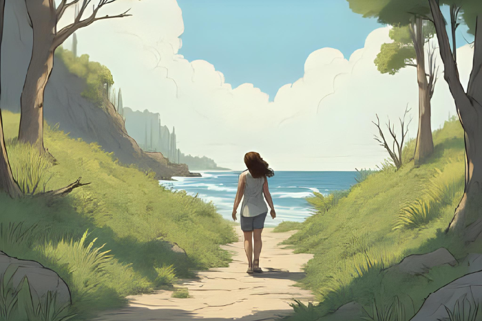 Pessoa caminhando lentamente em uma paisagem serena (trilha, praia ou jardim), com semblante de alívio e paz. Elementos como sol suave e natureza representam leveza e recomeço.