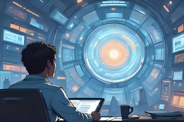Uma imagem futurista de um profissional olhando para um caminho à frente, com ícones de soft skills e tecnologias emergentes, simbolizando o futuro das habilidades comportamentais no mercado de trabalho. O estilo deve ser otimista e inspirador.