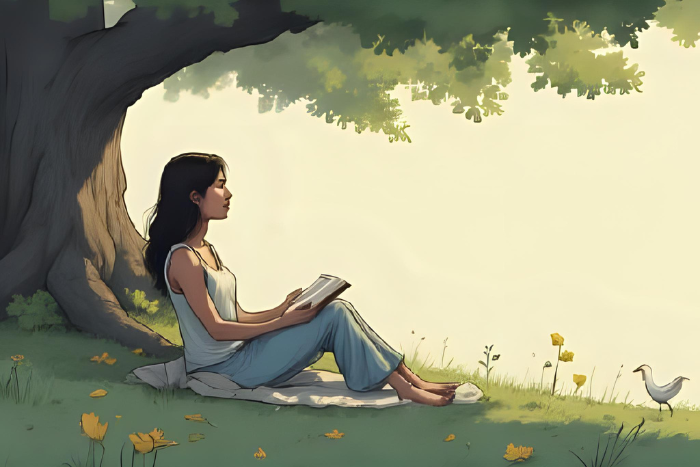 Pessoa descansando sob a sombra de uma árvore, com expressão serena. Elementos como chá, livro ou natureza transmitem calma e merecimento de leveza.