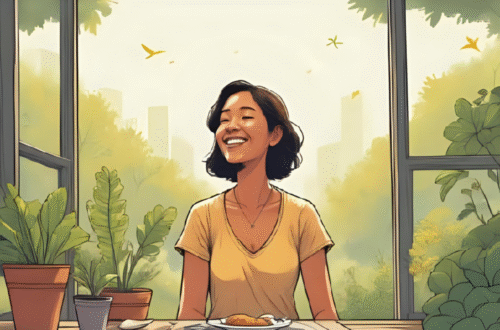 Pessoa sorrindo com leveza em um cenário ensolarado e natural, como parque ou varanda com plantas. Clima de bem-estar, equilíbrio e positividade. Elementos visuais que transmitam felicidade genuína, leveza emocional e simplicidade cotidiana. Imagem destaque do artigo A Ciência da Felicidade: 4 Hábitos Diários Para Um Sorriso Genuíno.