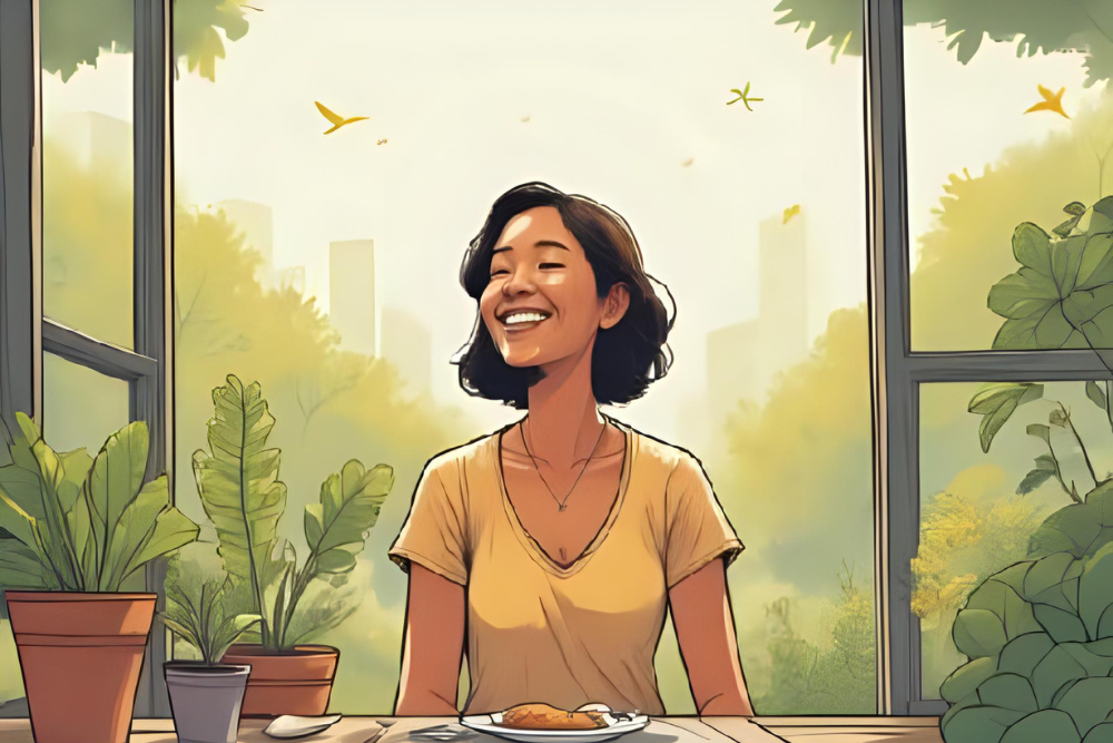 Pessoa sorrindo com leveza em um cenário ensolarado e natural, como parque ou varanda com plantas. Clima de bem-estar, equilíbrio e positividade. Elementos visuais que transmitam felicidade genuína, leveza emocional e simplicidade cotidiana. Imagem destaque do artigo A Ciência da Felicidade: 4 Hábitos Diários Para Um Sorriso Genuíno.