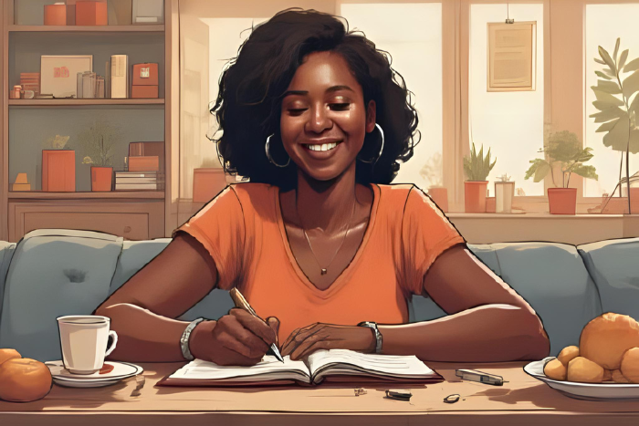 Pessoa escrevendo em um caderno ou diário, com expressão serena e grata. Ambiente aconchegante, iluminação suave. Elemento simbólico de gratidão, como coração ou post-it com mensagem positiva.