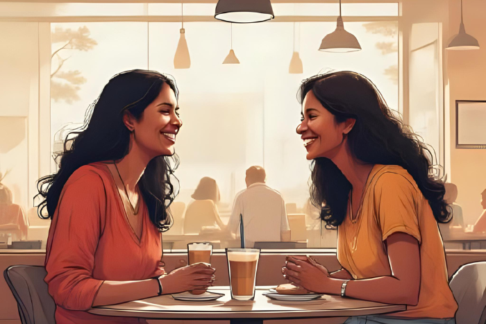 Duas pessoas conversando e rindo juntas num café, ou grupo de amigos trocando olhares sinceros. Destaque para contato visual e vínculo humano real, não virtual.