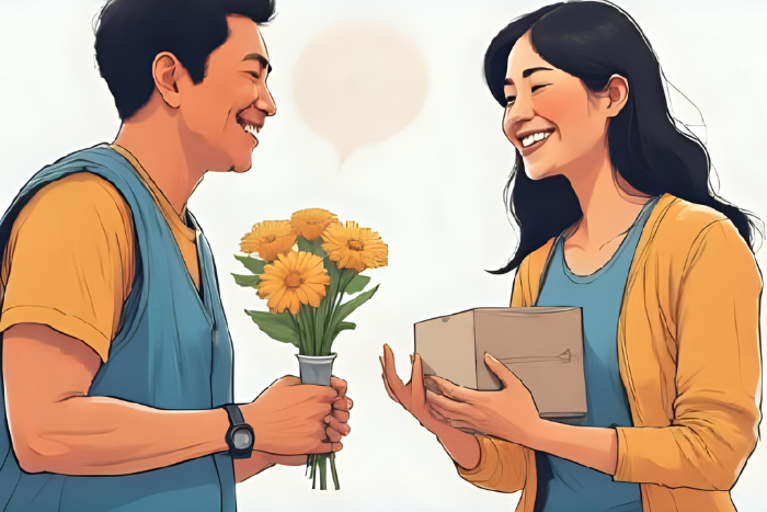 Pessoa fazendo um gesto gentil como ajudar alguém, entregar flores ou sorrir para um atendente. Foco em empatia e impacto positivo nos pequenos gestos.