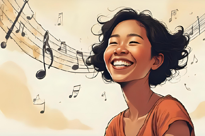 Imagem simbólica: notas musicais flutuando, como trilha sonora da vida, com uma pessoa sorrindo em meio à rotina. Transmitir que felicidade é constante suave, não euforia o tempo todo.