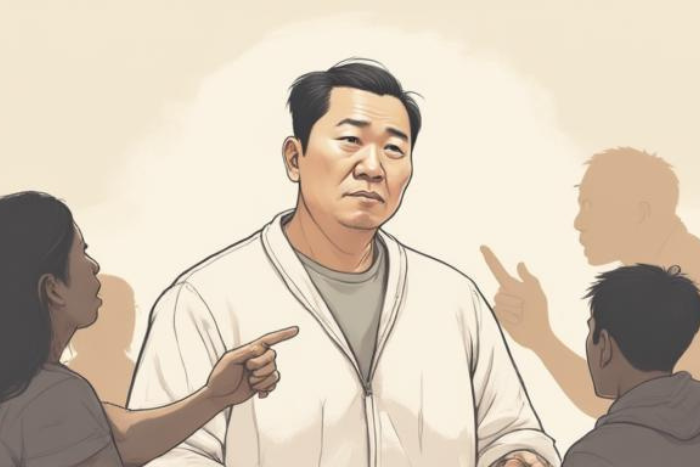 pessoa no centro sendo apontada por várias silhuetas ao redor indicando direções diferentes, expressão pensativa e um pouco confusa, ilustração simbólica sobre expectativas sociais e pressão para agradar os outros, estilo minimalista, cores suaves, atmosfera introspectiva, linhas delicadas