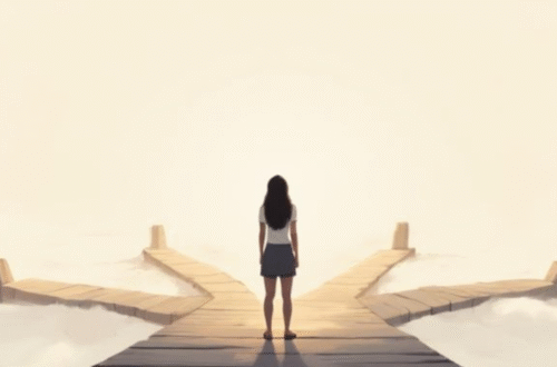 mulher parada diante de vários caminhos que se dividem, olhando pensativa para as direções possíveis, um dos caminhos iluminado suavemente, ilustração simbólica sobre escolhas de vida e autoconhecimento, estilo minimalista, cores suaves e quentes, atmosfera reflexiva, linhas delicadas, fundo simples e claro
