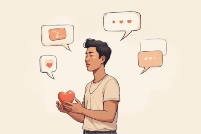 pessoa segurando um pequeno coração enquanto vários balões de fala flutuam ao redor representando opiniões e julgamentos, ilustração simbólica sobre pressão social e medo do julgamento, estilo minimalista, cores suaves em tons pastel, atmosfera reflexiva, linhas delicadas