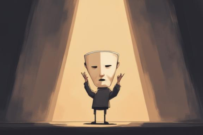 pessoa em um pequeno palco sob um foco de luz segurando uma máscara neutra diante do rosto, simbolizando papéis sociais e aparência diante dos outros, ilustração simbólica, estilo minimalista, cores suaves e quentes, atmosfera reflexiva