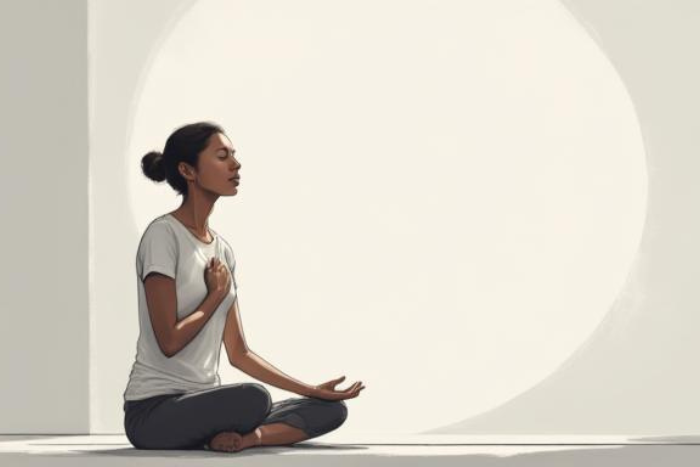 pessoa sentada tranquilamente com os olhos fechados e a mão sobre o coração, uma luz suave envolvendo a cena, ilustração simbólica sobre escuta interior e autoconhecimento, estilo minimalista, cores suaves e calmantes, atmosfera de paz